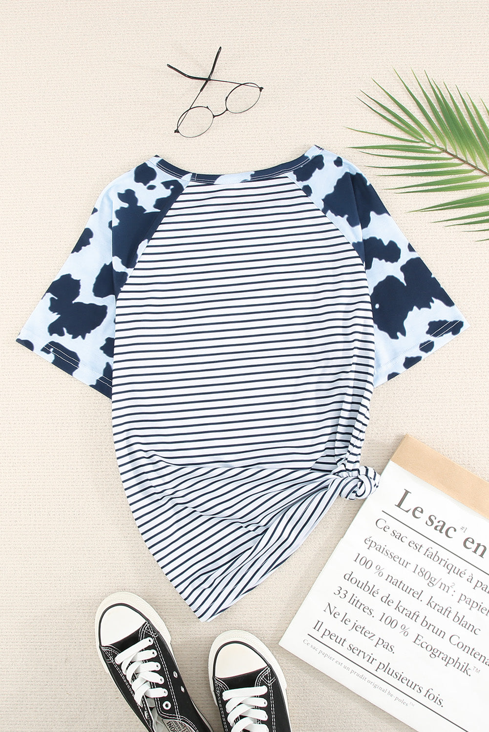 Cow Striped Sequined Splicing Pocket Short Sleeve Top