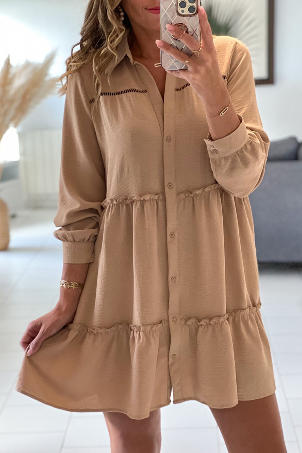 Khaki Tiered Frilled Button-up A-line Mini Dress
