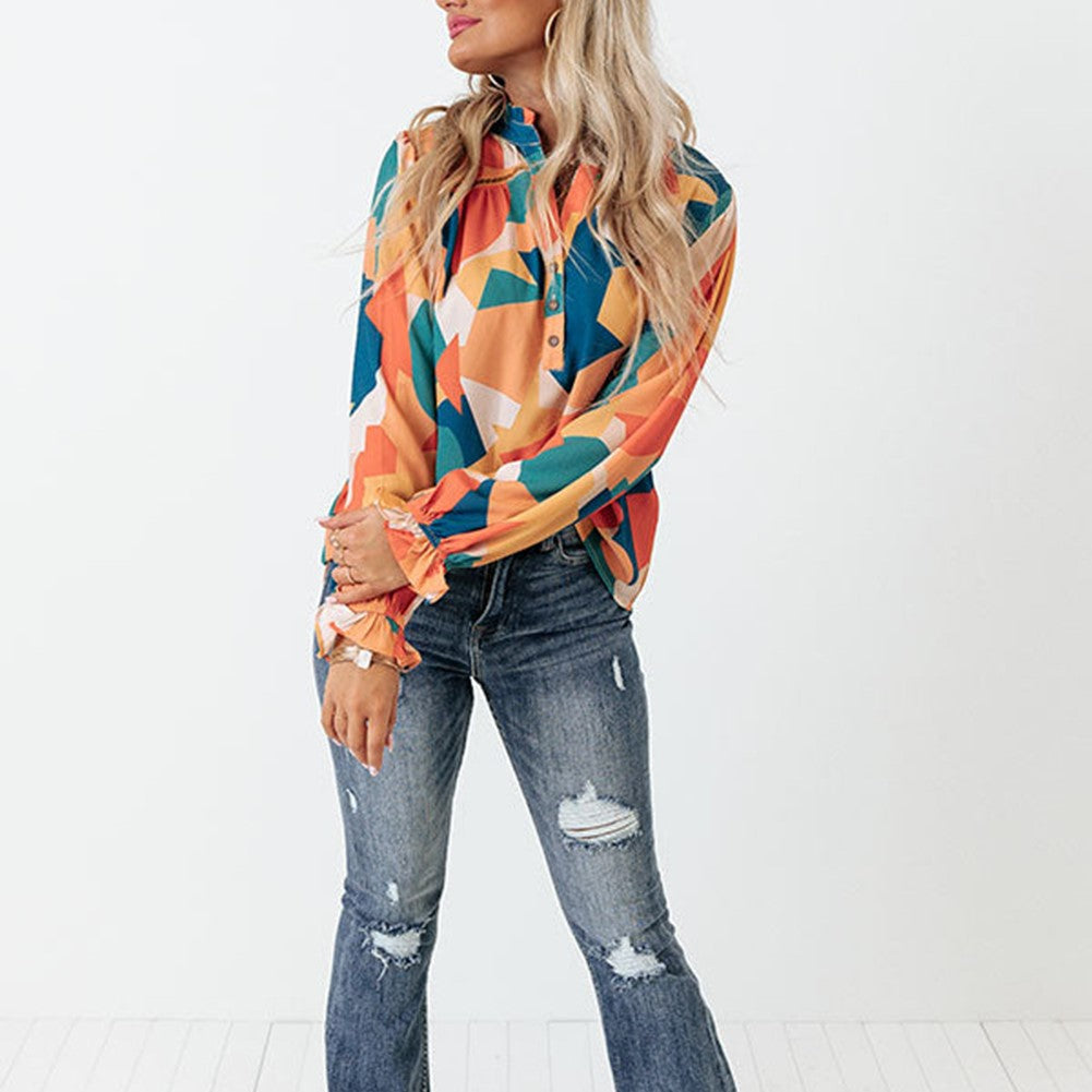 Geometric Patchwork Print Half Buttoned Blouse