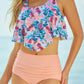 Pink Print Crop Ruffled Overlay High Waisted Swimsuit