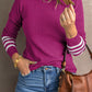 Green Striped Sleeve Plain Knit Sweater