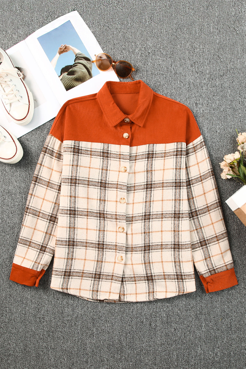 Orange Contrast Corduroy Plaid Shacket