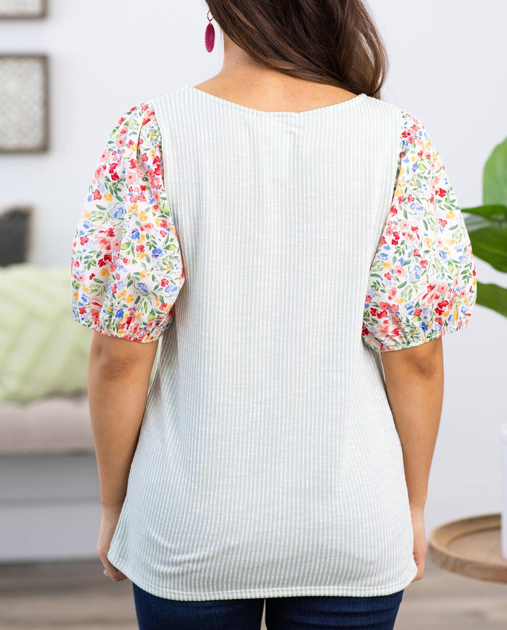 Contrast Floral Puff Sleeve Ribbed Knit Plus Size Blouse