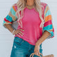 Rose Stripe Color Block Bubble Sleeve Top