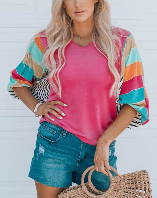 Rose Stripe Color Block Bubble Sleeve Top