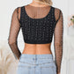 Pearl and Rhinestone Detail Sheer Mesh Top