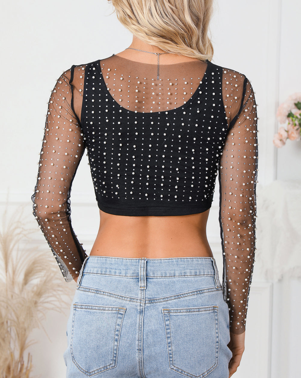 Pearl and Rhinestone Detail Sheer Mesh Top