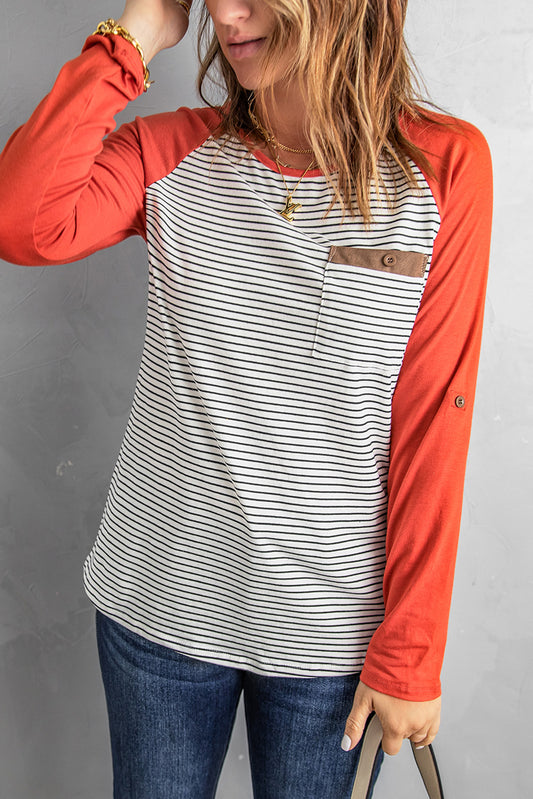 Sleeve Splicing Striped Top with Pocket