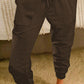 Brown Solid Drawstring Elastic Waist Pants with Pocket