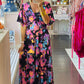 Black Abstract Floral Pattern Flutter Sleeve Tiered Maxi Dress