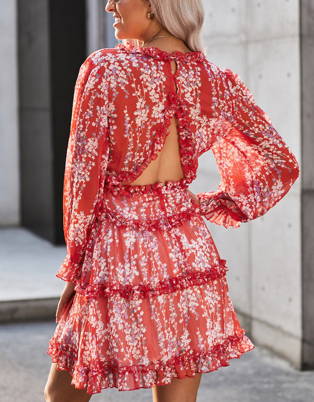 Ruffle Detailing Open Back Floral Dress