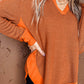 Orange Waffle Knit Patchwork V Neck Long Sleeve Top