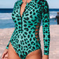 Print Zipper Cut-out Rash Guard Swimsuit