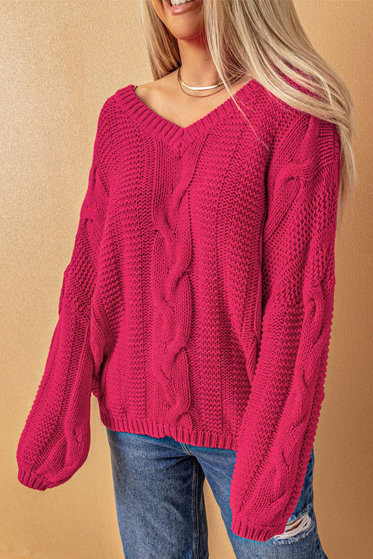 V-Neck Braided Knit Sweater