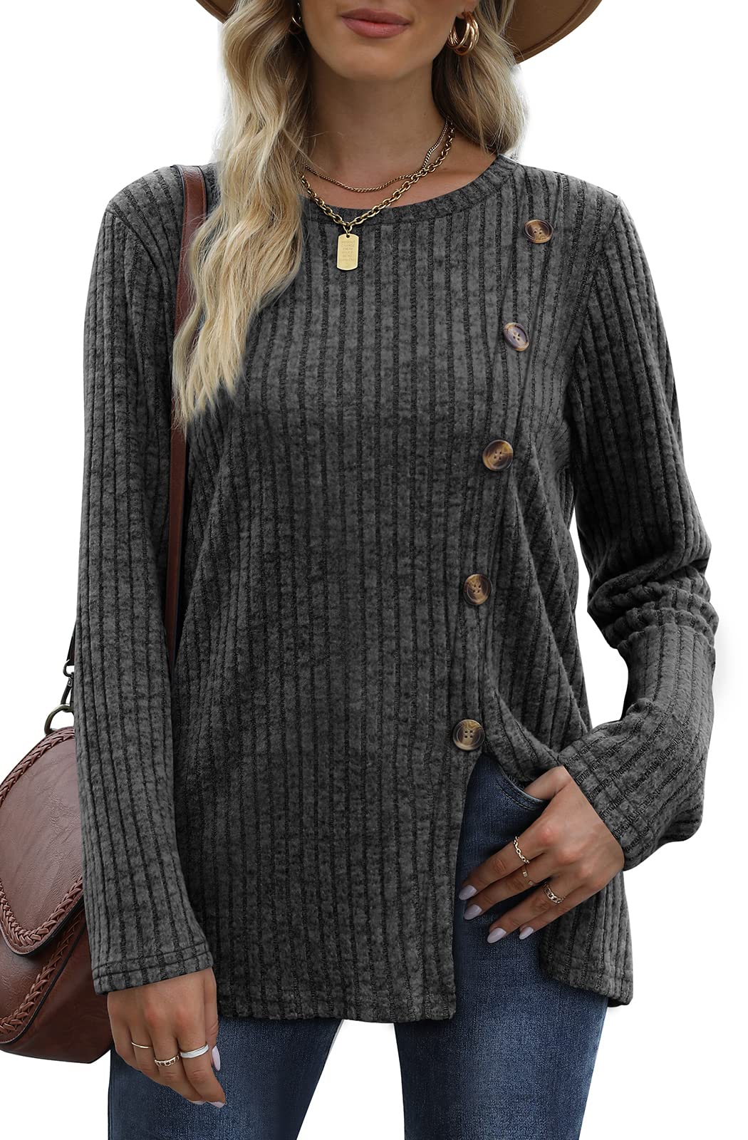 Button Split Knitted Round Neck Long Sleeve Top