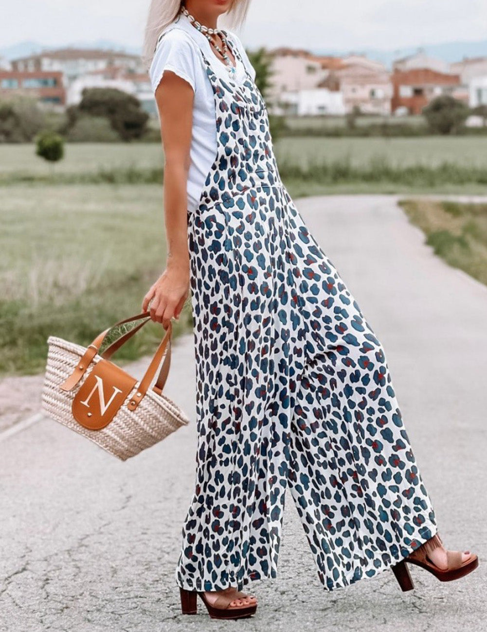 White Wide Leg Leopard Print Jumpsuit Overalls