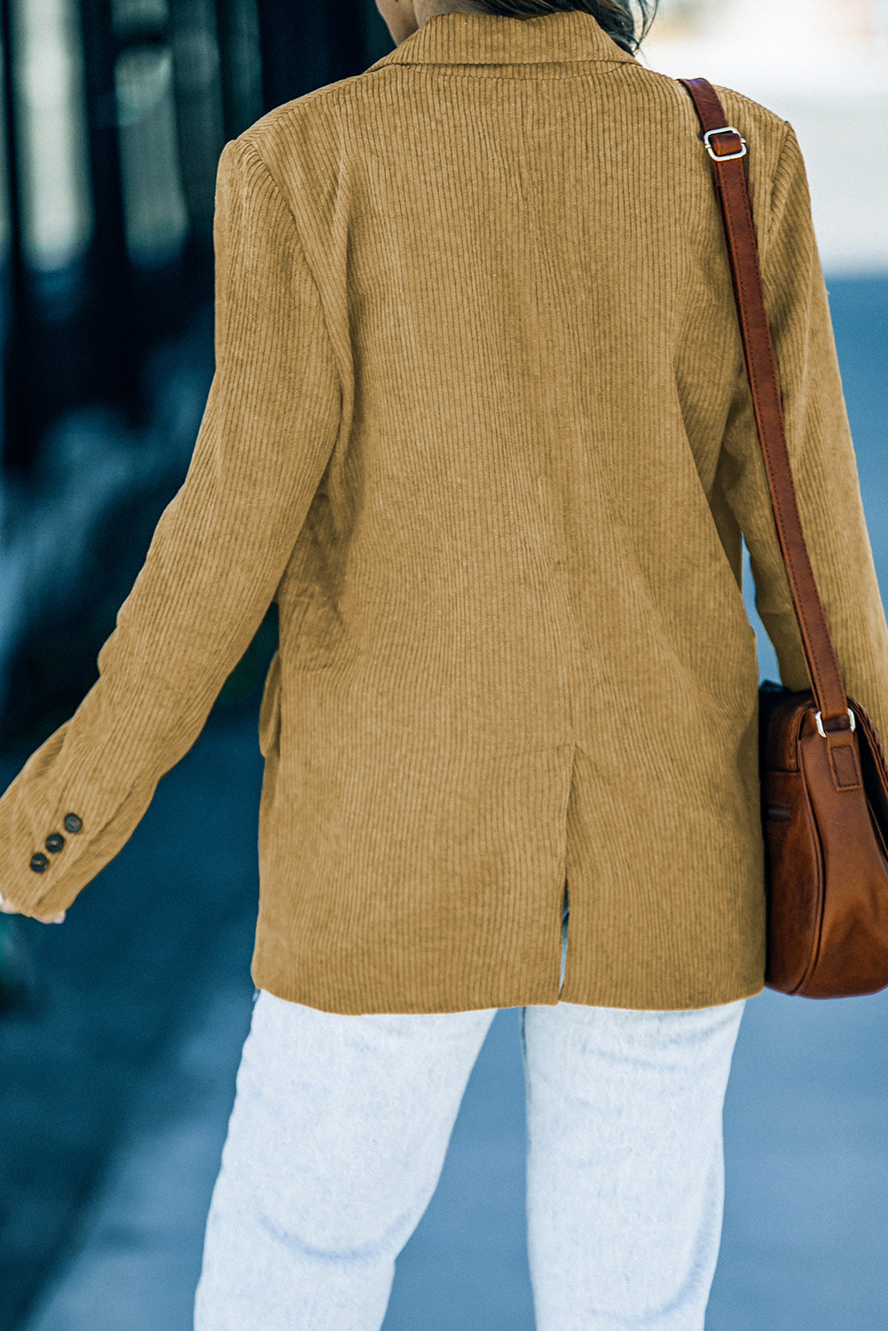 Brown Corduroy Lapel Casual Blazer with Pockets