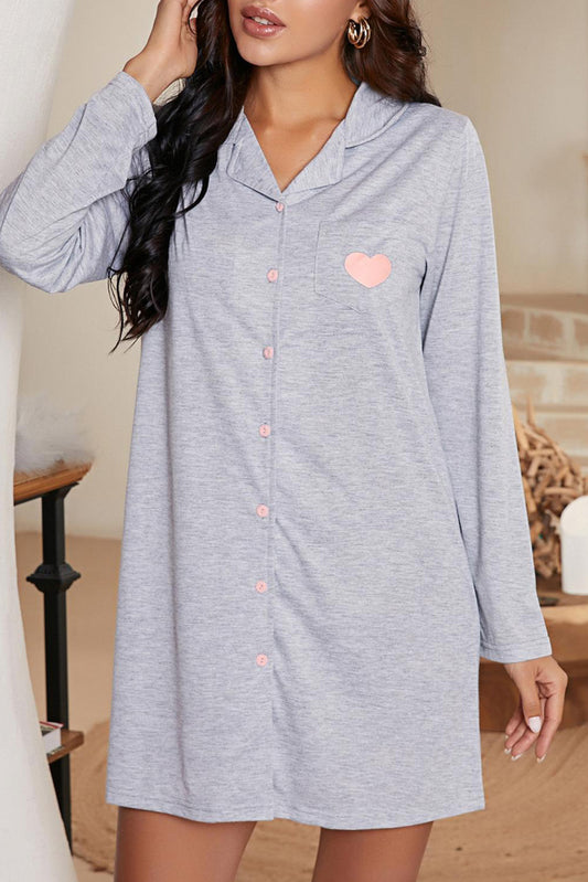 Gray Heart Print Pocket Button Shirt Lounge Dress