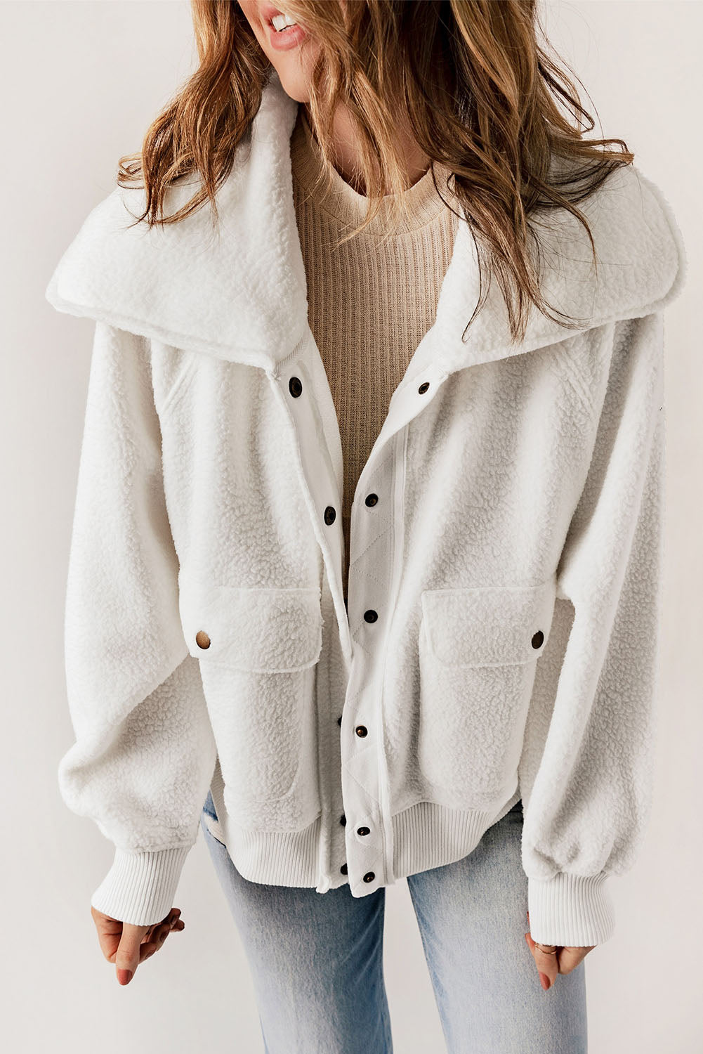 Button Flap Pocket Spread Collar Fleece Jacket