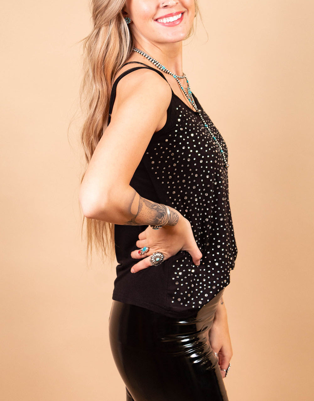 Black Adjustable Straps Rhinestone Tank Top