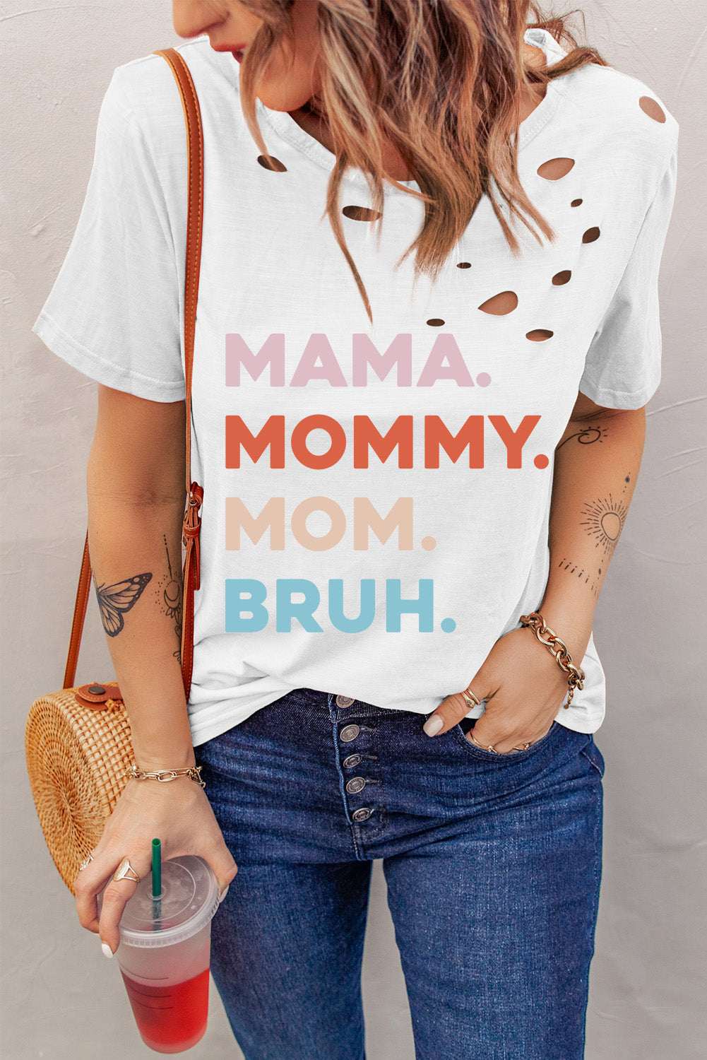 White Distressed Hole Decor Mommy Graphic Tee