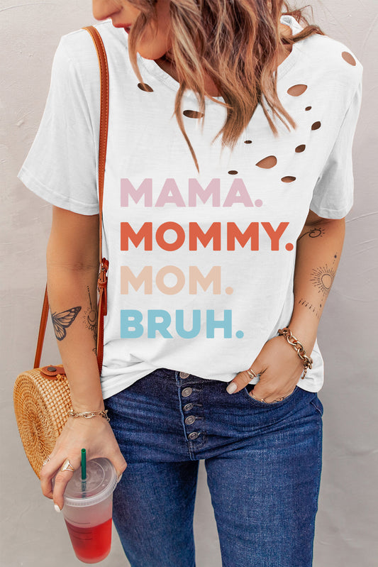 White Distressed Hole Decor Mommy Graphic Tee