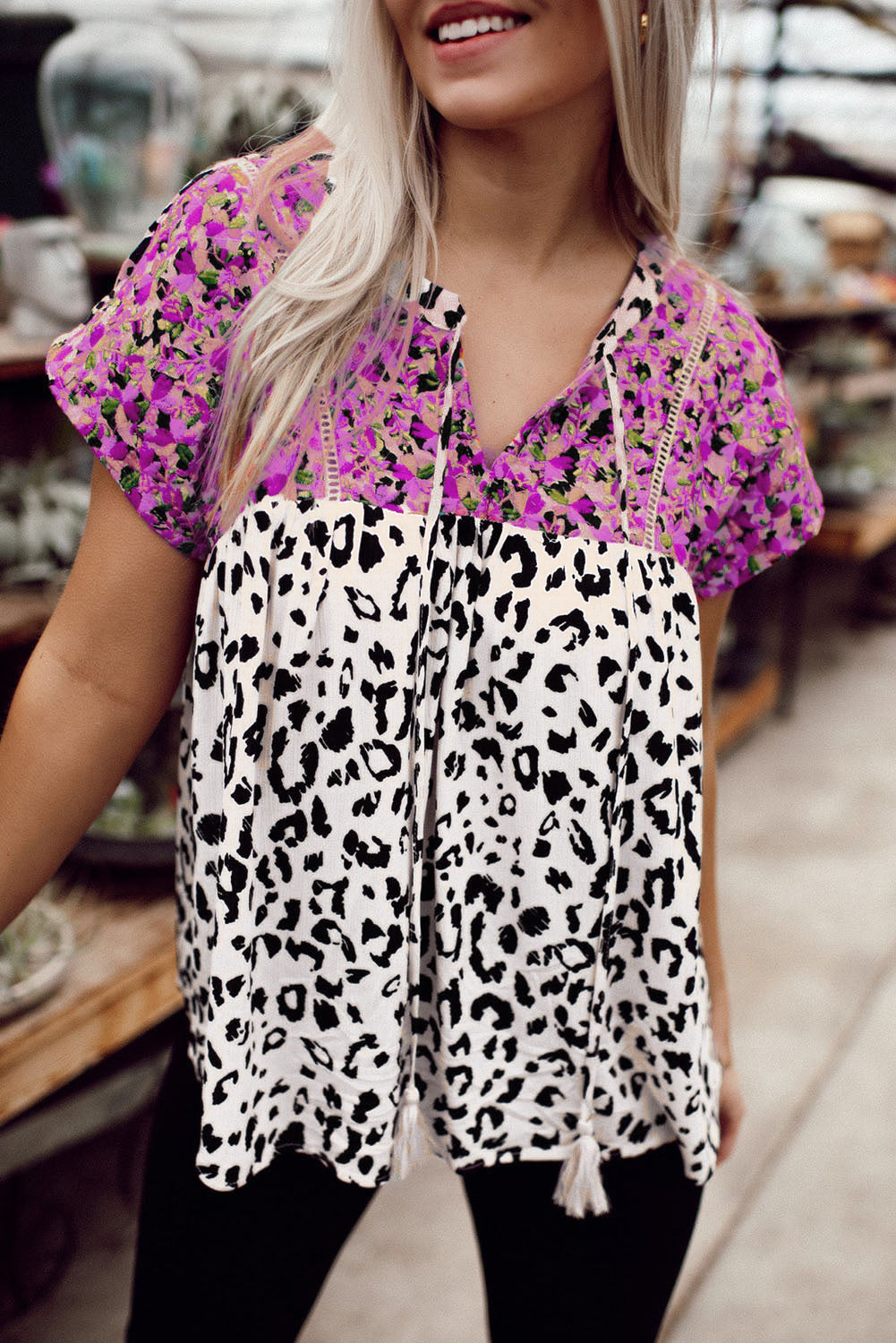 Leopard Mix Print Tassel Tie Blouse