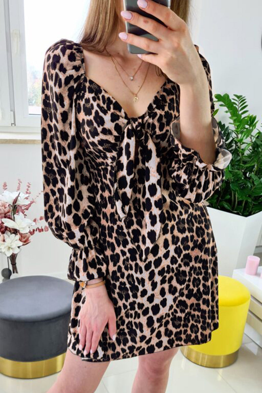 Leopard Print Puff Sleeve Knot Mini Dress