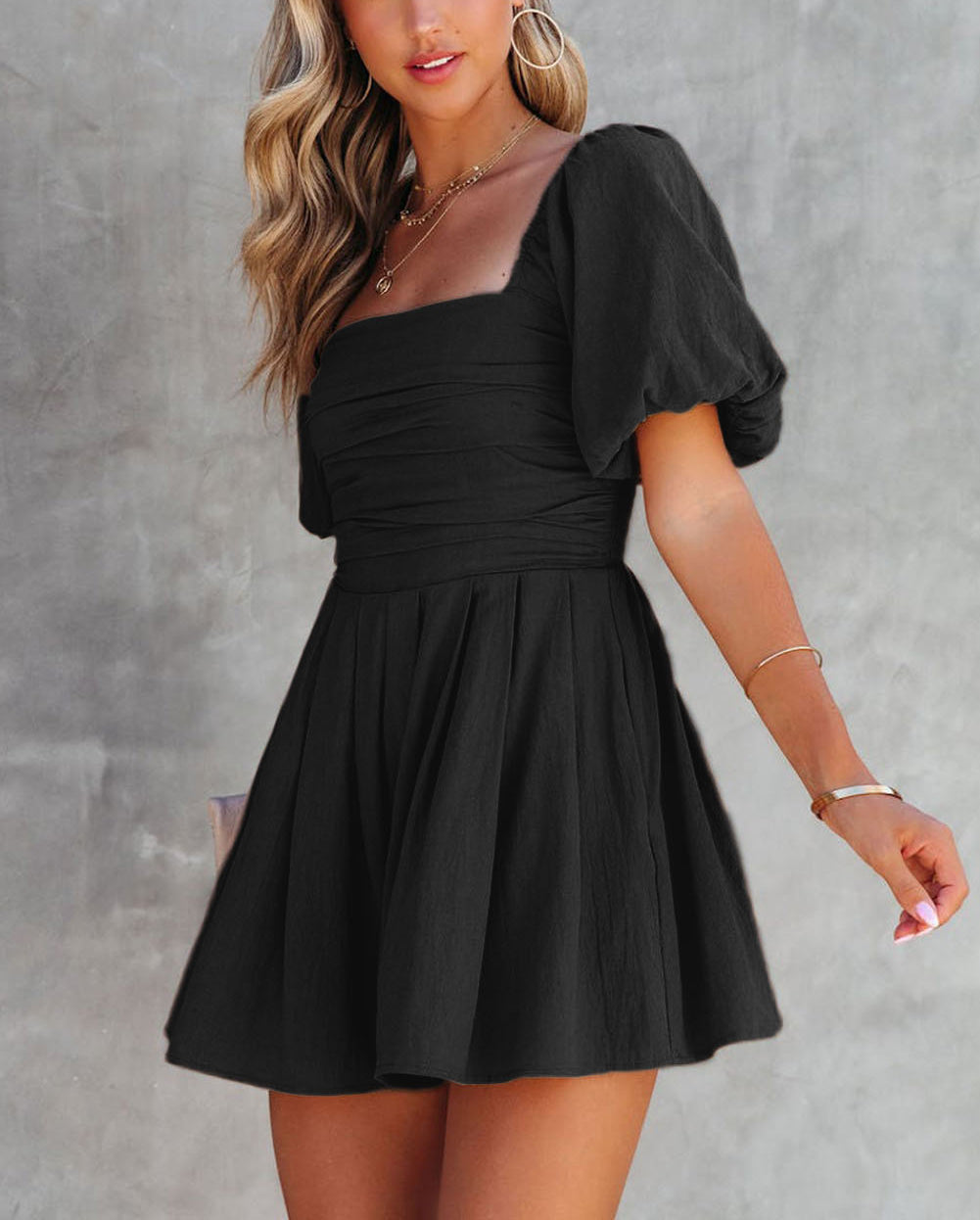 Square Neck Ruched Puff Sleeve Romper