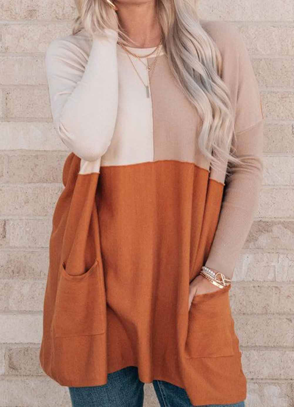 Pocketed Color Block Patchwork Long Sleeve Top