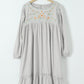 Gray Floral Embroidered Long Sleeve Babydoll Mini Dress