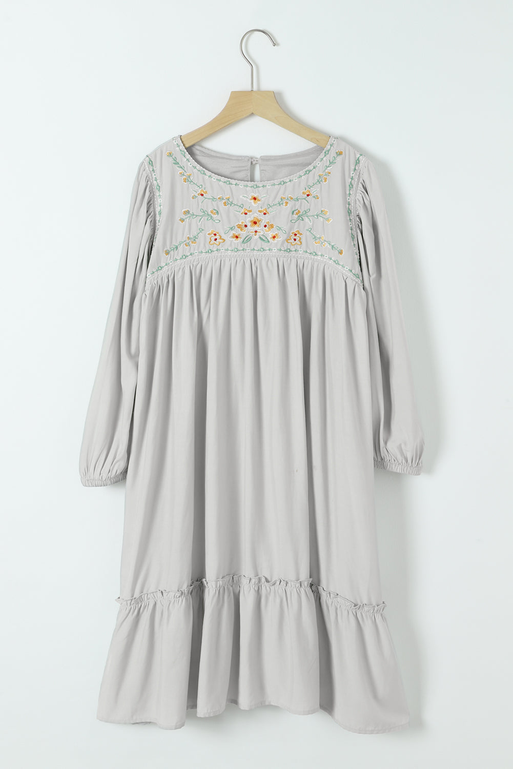 Gray Floral Embroidered Long Sleeve Babydoll Mini Dress