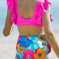 Rose V Neck Ruffles Floral Print High Waist Bikini