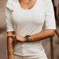 White Round Neck Half Sleeve Ribbed Knit Top