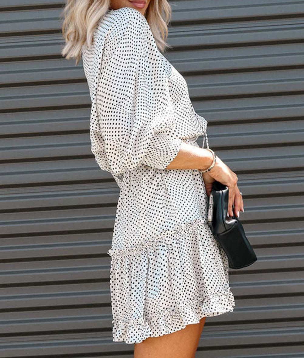 Polka Dot Fringed Tie V-neck Ruffle Dress