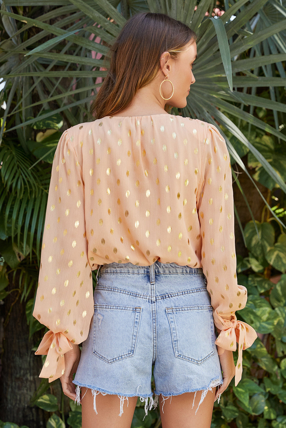 Orange Metallic Gold Polka Dot Surpliced Long Sleeves Shirts