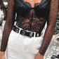 Black Long Sleeve Mesh Lace Bralette Bodysuit