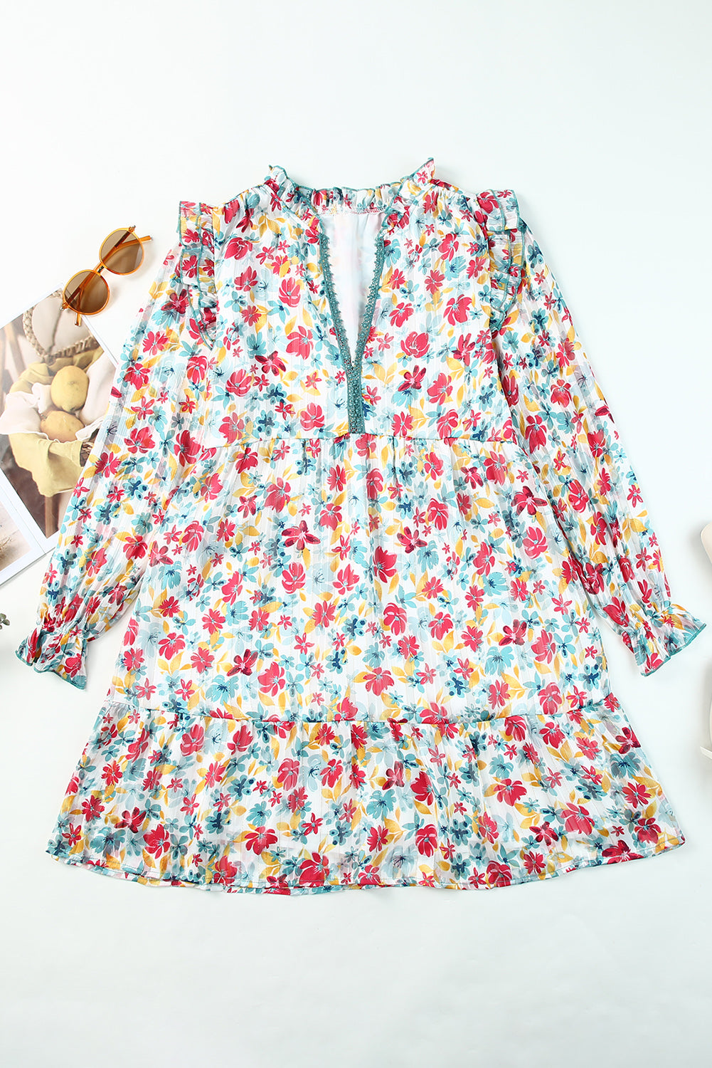 Ruffled Lace V Neck Floral Dress