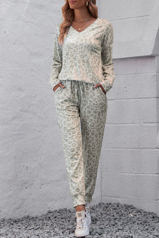 Leopard Print Long Sleeve Top & Drawstring Joggers Loungewear
