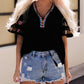 Tassel Drawstring Embroidered Half Sleeve V Neck Top