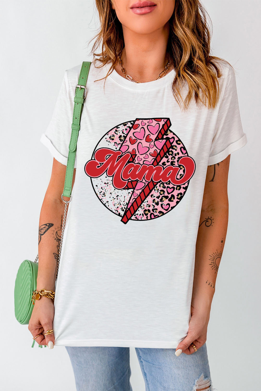 White MAMA Heart Leopard Lightning Print Graphic Tee