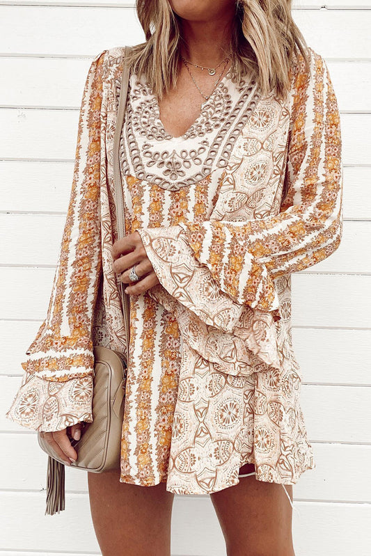 Yellow Mixed Floral Splicing Ruffled Bell Sleeve Mini Dress