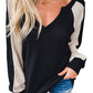 Black V Neck Contrast Block Waffle Knit Top