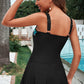 Black Floral Trim Ruched Tummy Control One Piece Swimdress