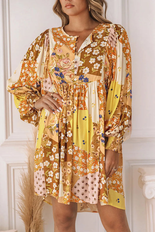 Yellow Floral Buttoned Pleated Long Sleeve Babydoll Dress