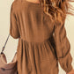 Brown Lace Crochet Buttoned V Neck Babydoll Top