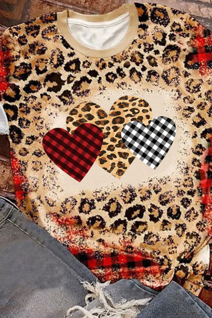 Leopard Plaid Heart Shaped Bleached Short Sleeve T Shirt