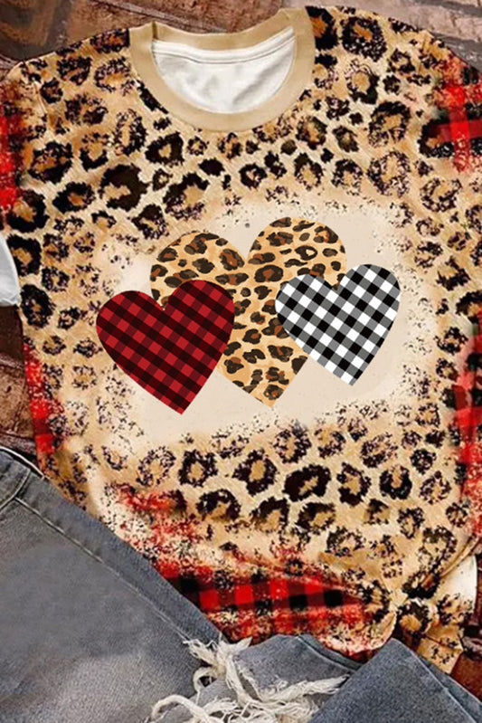 Leopard Plaid Heart Shaped Bleached Short Sleeve T Shirt