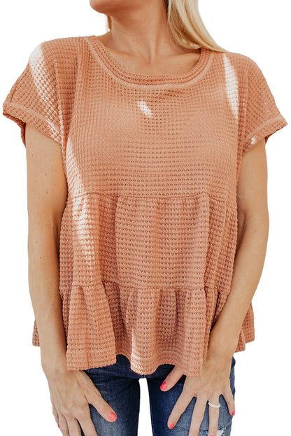 Nude Waffle Knit Ruffle Tiered Short Sleeve Blouse