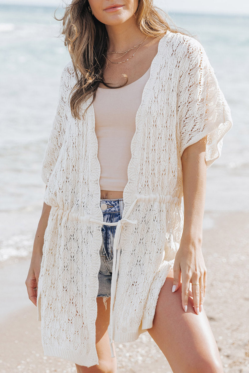 White Crochet Open Front Kimono with Slits